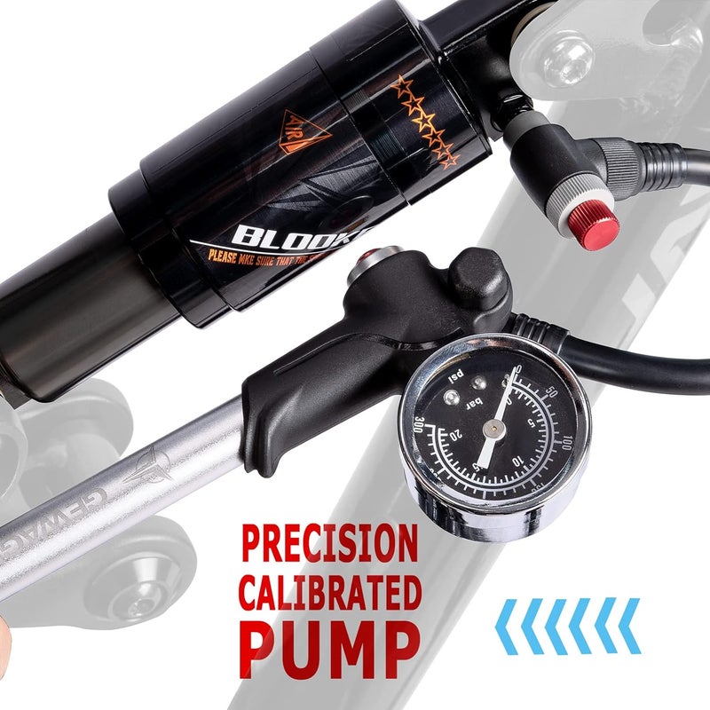 GEWAGE Shock Pump for Mountain, Road Bikes and Motorcycle - 300 Psi High Pressure for Front Fork and Rear Suspension Air Shocks Pump with Gauge -Portable Mini Pump with Air Bleed Button - Image 3